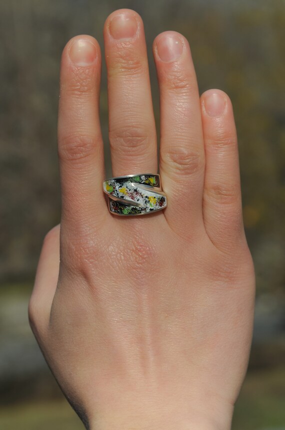 Black & Lapis Enamel Tibetan White Metal Om Ring MINAKARI