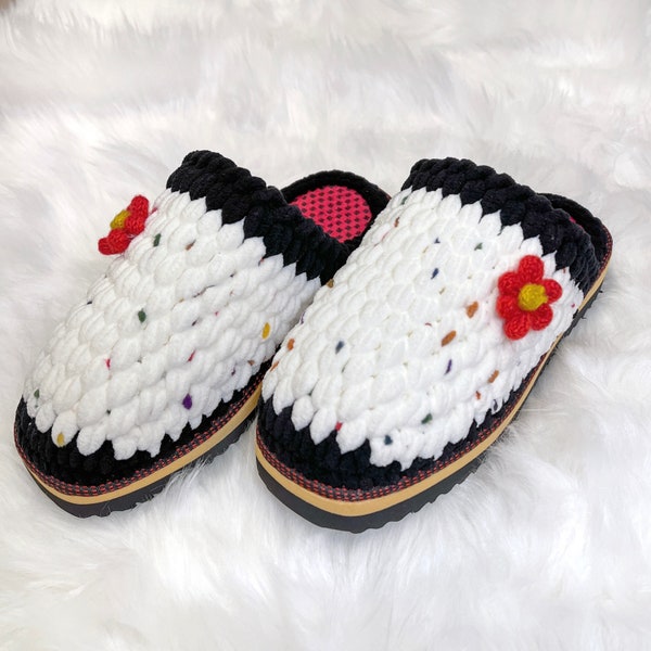 Handmade Black & White Crochet Slipper with flower | yarn slippers | warm slippers | handmade women slippers | cozy comfy winter slippers