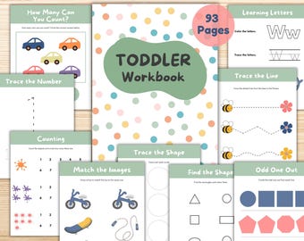 Toddler Learning Workbook (93 Pages): Alphabet, Numbers, Shapes (Digital Download)