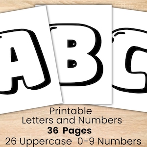May include: Three white cards displaying the letters A, B, and C in a bold, black, bubble-style font. The cards are arranged on a light wood-grain surface. Text at the bottom reads "Printable Letters and Numbers", "36 Pages", and "26 Uppercase 0-9 Numbers".