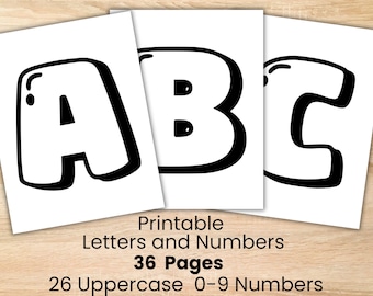 May include: Three white cards displaying the letters A, B, and C in a bold, black, bubble-style font. The cards are arranged on a light wood-grain surface. Text at the bottom reads "Printable Letters and Numbers", "36 Pages", and "26 Uppercase 0-9 Numbers".