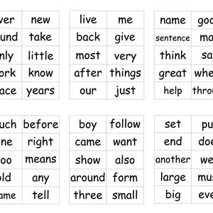 Op de afbeelding: Een witte tabel met zes secties, elk met een raster van woorden. Woorden zijn onder meer "over", "new", "live", "me", "name" en "good". De woorden zijn zwart en de achtergrond is wit. De tabel is bedoeld voor educatieve doeleinden.