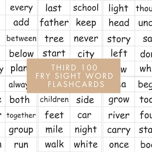 May include: A grid of white flashcards with black text, featuring sight words for early readers. A tan rectangle in the center reads "THIRD 100 FRY SIGHT WORD FLASHCARDS". The cards are arranged in rows and columns.
