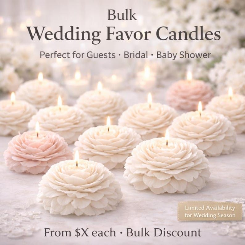 K&ouml;nnte beinhalten: Eine Sammlung von blumenf&ouml;rmigen Kerzen in Wei&szlig;- und Blassrosat&ouml;nen, jede mit einem brennenden Docht. Das Bild enth&auml;lt den Text Bulk Wedding Favor Candles, Perfect for Guests, Bridal, Baby Shower und Limited Availability for Wedding Season.