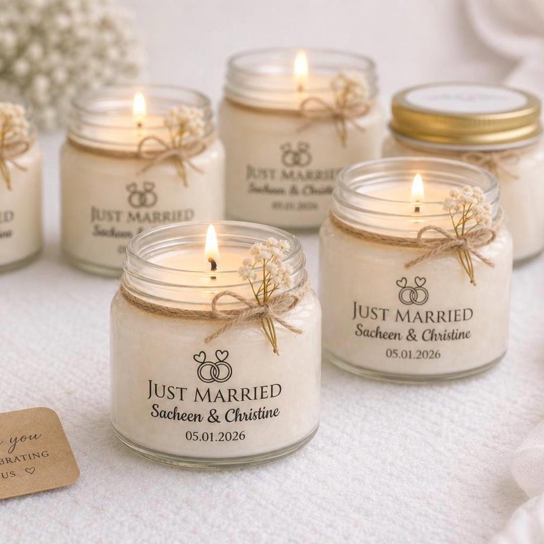 Custom Just Married Soy Wax Candle, Dried Floral Wedding Favor, Bridal ...