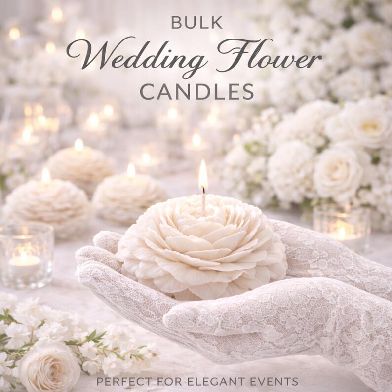 K&ouml;nnte beinhalten: Eine cremefarbene bl&uuml;tenf&ouml;rmige Kerze mit brennendem Docht, gehalten in wei&szlig;er Spitze. Der Text BULK Wedding Flower CANDLES steht dar&uuml;ber und der Text PERFECT FOR ELEGANT EVENTS befindet sich am unteren Rand des Bildes.