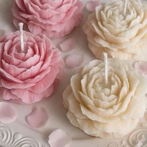 K&ouml;nnte beinhalten: Vier blumenf&ouml;rmige Kerzen auf einem wei&szlig;en Zierteller. Zwei Kerzen sind hellrosa und zwei cremefarben, jede mit geschichteten Bl&uuml;tenbl&auml;ttern und einem zentralen wei&szlig;en Docht. Kleine, lose rosa Bl&uuml;tenblattfragmente sind auf dem Teller verstreut.