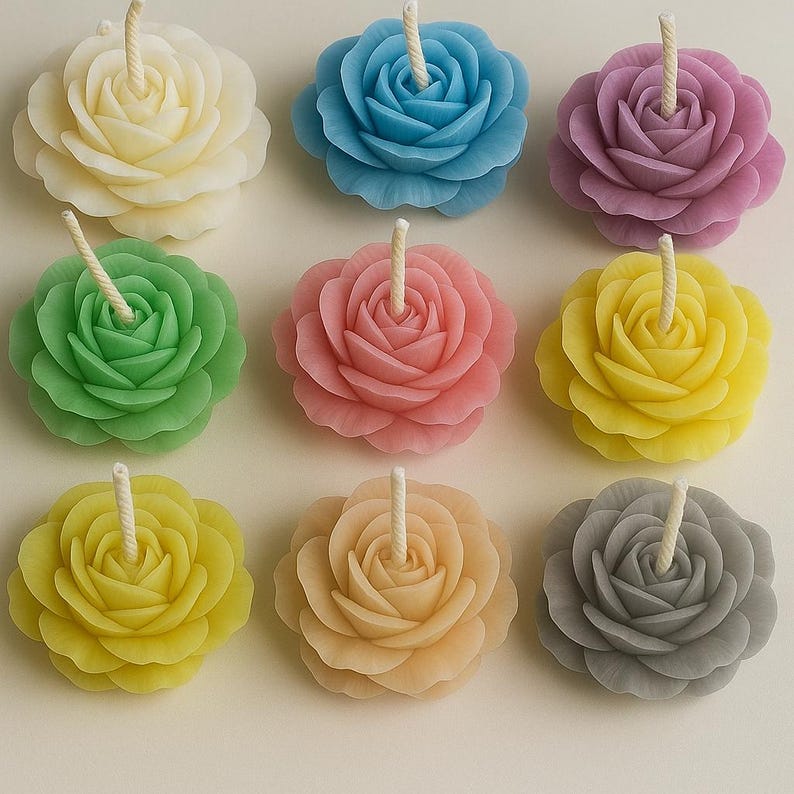 K&ouml;nnte beinhalten: Eine Sammlung von neun rosenf&ouml;rmigen Kerzen, die in einem Raster angeordnet sind. Jede Kerze hat geschichtete Bl&uuml;tenbl&auml;tter in verschiedenen Farben wie Creme, Blau, Lila, Gr&uuml;n, Rosa, Gelb, Hellgelb, Pfirsich und Grau mit einem wei&szlig;en Docht.
