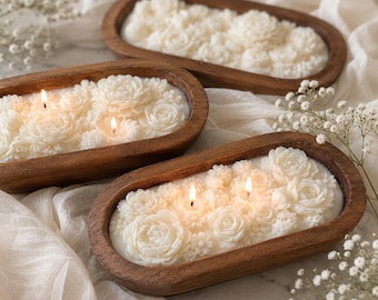 Flowers Blossom Candle in Wood Dough Bowl - Housewarming present, Birthday gift