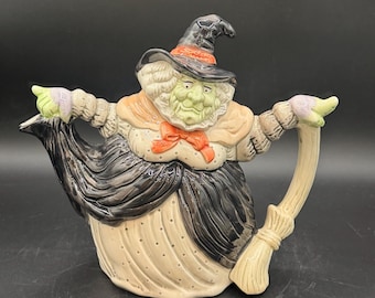 Tetera de bruja de Halloween de Fitz and Floyd, modelo vintage de 1988.
