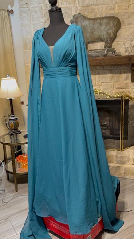 sachin and babi light blue dress A-line V-neck Wide Strap Floor Length Chiffon Rhinestone Evening Dress   Ballbella