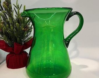 Vintage Hand Blown Green Glass Pitcher