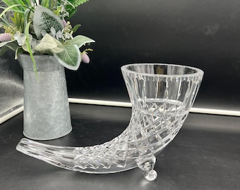 West Germany Cornucopia Vase Hand Cut and Etched Crystal 13  Beautiful Vintage West Germany Cornucopia Vase Hand Cut and Etched Crystal main image 0