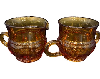 Indiana Glass Amber Kings Crown Thumbprint Cream and Sugar Set