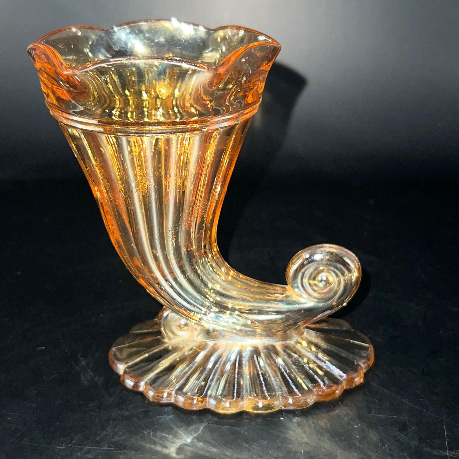 Vintage Marigold Carnival Glass Cornucopia Vase by Jeanette Glass