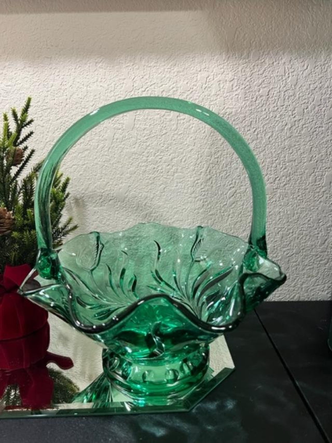 フェントン アンティークantique エメラルドグリーンバスケット アメリカ フェントン アンティークantique エメラルドグリーンバスケット