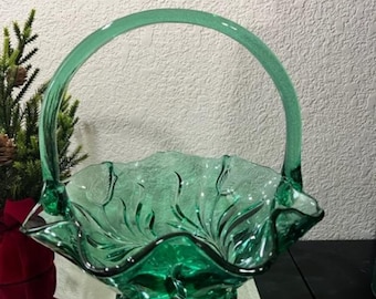 Vintage Fenton Green Glass Basket