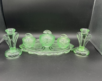 art deco green glass dressing table set Vintage Rutland Pattern 3078 CATEGORY::mini