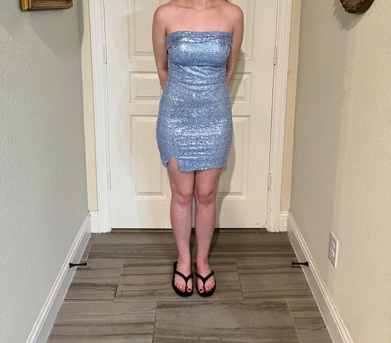 sequin strapless bodycon dress in light blue Foldover Mini Size 0 light blue sparkly prom dress
