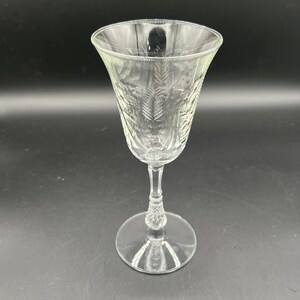 Puede incluir: Una copa de cristal transparente grabada, con un borde acampanado y un detallado diseño floral. El tallo presenta un diseño retorcido y la base es redonda. La copa está diseñada para servir bebidas.