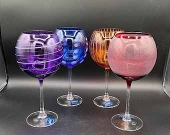 Mikasa Cheers Colored Balloon Wine Glass Set – 4 Hand-Blown Etched Glasses (Blue, Amber, Rose, Violet)