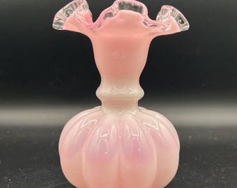 FENTON （LARGE) ピンク ミルクガラス フリル 花瓶 ボウル