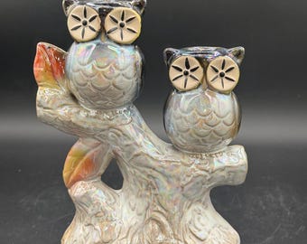 Vintage 1970s Iridescent Pearlized Owl Taper Candle Holder