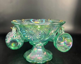Fenton Iridescent Green Miniature Punch Bowl Set
