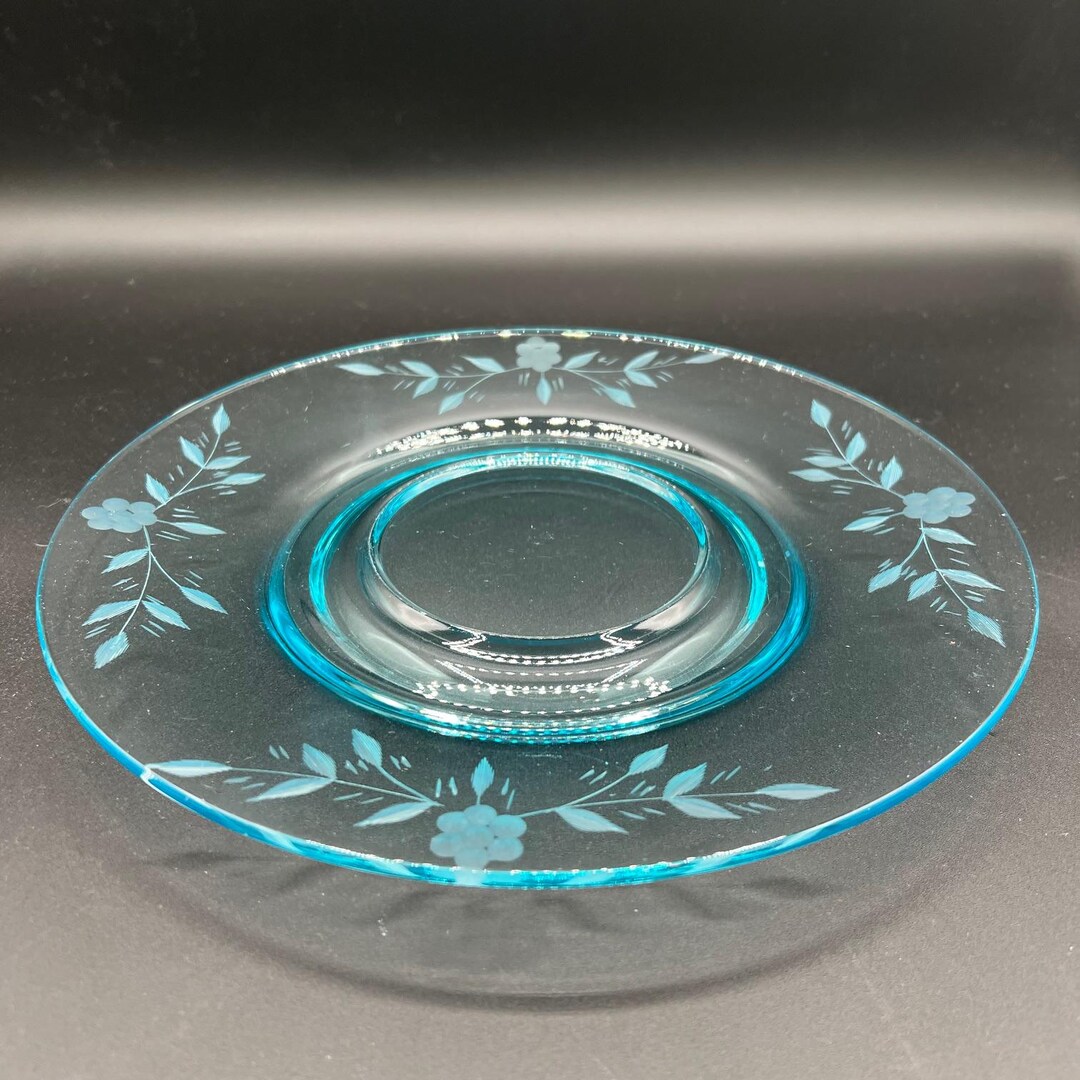 Vintage Blue Glass Plate With Floral Etched Design - Etsy