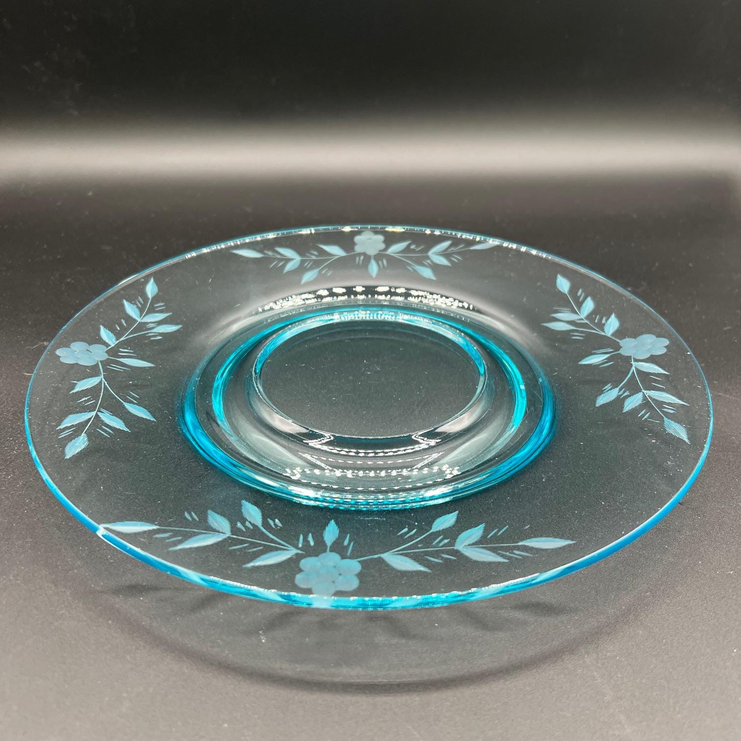 Vintage Blue Glass Plate With Floral Etched Design - Etsy