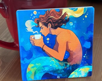 Merman Ceramic Coaster, Ocean Drink Coaster, Mythical Creature Home Decor, Marine Coffee Lover Gift, 4 x 4in, Non-slip Cork Backing