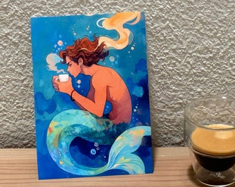 May include: A watercolor illustration of a mermaid with a tail that is blue, green, and yellow. The mermaid is sitting with a cup of coffee in their hand. The background is blue with white bubbles.