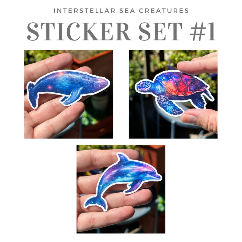 May include: A set of three galaxy-themed stickers featuring a whale, a sea turtle, and a dolphin. The stickers are printed on white vinyl and have a glossy finish.