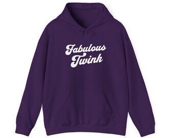 May include: A deep purple hoodie with a front pocket and a drawstring hood. The hoodie features the white text "Fabulous Twink" in a playful, cursive font. The garment is made of a soft material.
