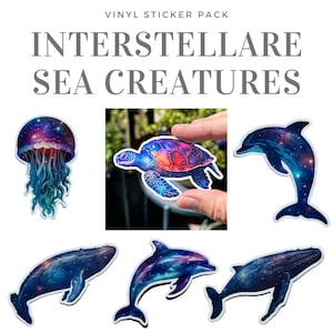 Puede incluir: Un conjunto de seis pegatinas de vinilo con diferentes criaturas marinas con un diseño de temática galáctica. Las pegatinas incluyen una medusa, una tortuga, un delfín y tres ballenas. Las pegatinas son todas en tonos de azul, morado y rosa.