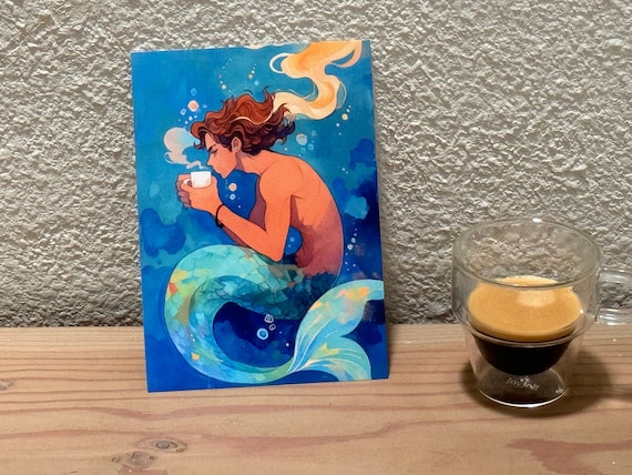 Coffee Wall Art | 5x7 Print | Merman Illustration | Kitchen & Home Decor | Premium Luster Satin Photo Paper | Perfect Mermaid Gift