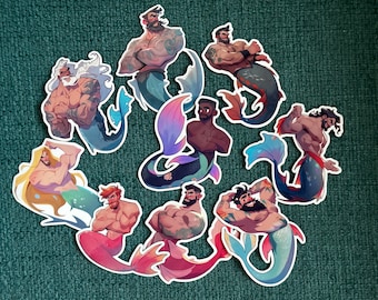 Merman Cartoon Sticker Packs - Available in Three Sets, Glossy and Holographic Vinyl Finishes - Bundle Discount Available