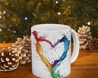 Rainbow Heart Ceramic Mug, Gay Pride Coffee Cup, Hot Beverage Mug, LGBTQ Drinkware, Pride Month Gift