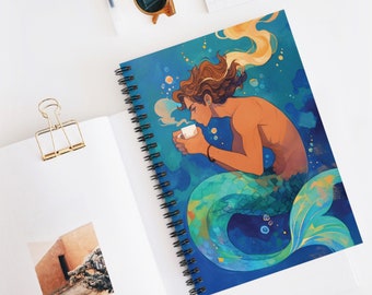 Merman Spiralblock | Kaffeeliebhaber Notizbuch | 6x8&quot; Meerjungfrau Fantasy Art Notizbuch