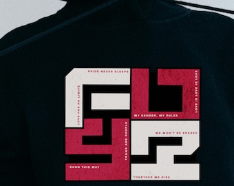 May include: A black hoodie with a red and white graphic design. The graphic features a maze with text inside each section. The text includes "Born This Way", "Love Has No Limits", "Pride Never Sleeps", "Trans Are People", "My Gender, My Rules", "We Won't Be Erased", "Together We Rise", and "Love Is Love Is Love".
