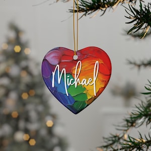 Ceramic Ornaments, Personalized Name Rainbow Heart Pride Holiday Ornaments, 2-Side Print, LGBT Pride Gifts, Gay