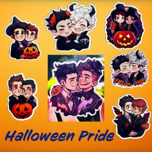 Pride Halloween Premium Vinyl Stickers - Cartoon Gay Couples Enjoying Halloween - Set of 7