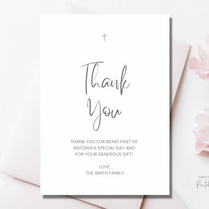 Baptism thank you template, printable baptism thank you card, editable Canva template, instant download, girls baptism, pink cross, simple