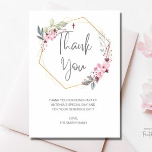 Baptism thank you digital template, printable baptism thank you card, editable Canva template, instant download, girls floral baptism thanks
