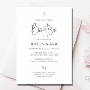 Baptism invitation digital template, printable baptism invitation, Canva template, instant download invite, girls baptism, pink cross,simple