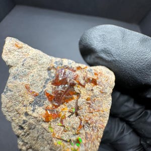 May include: A rough, gray rock with a patch of iridescent opal. The opal has a mix of orange, green, and red colors.