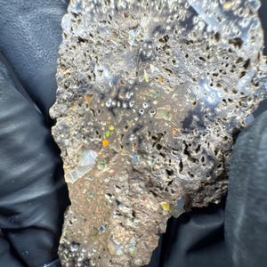 May include: A close-up of a polished, irregularly shaped stone with a dark gray and brown mottled pattern. The stone has a rough, porous texture with small, colorful inclusions of yellow, green, and blue. The stone is held by a gloved hand.
