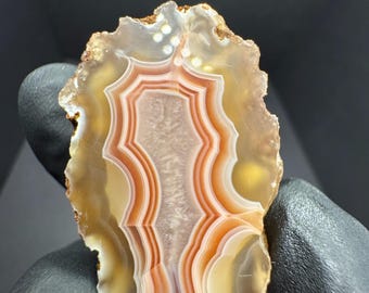 May include: A polished agate stone slice with concentric bands of orange, white, and tan hues. The natural stone features a unique, layered pattern and a rough, textured edge. The agate is held against a dark background.