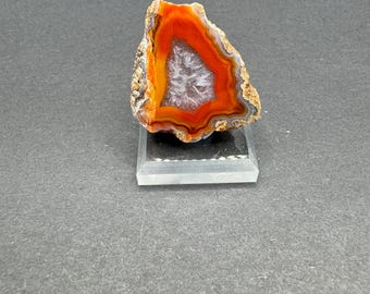 May include: A slice of agate with a red, orange, and white banded pattern. The agate is displayed on a clear glass stand.