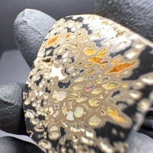May include: A close-up of a polished stone with a unique pattern. The stone features a mix of colors, including black, tan, orange, and white, creating a speckled and marbled effect. The stone is held by a gloved hand.